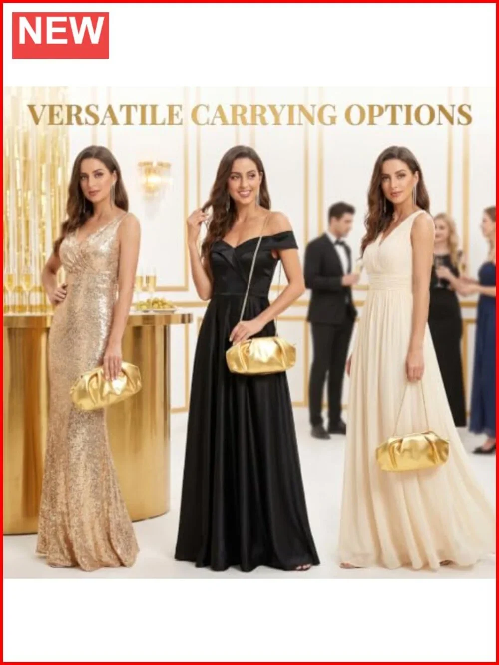 Gold Evening Clutch Purse with Detachable Chain - Faux Leather Pleated